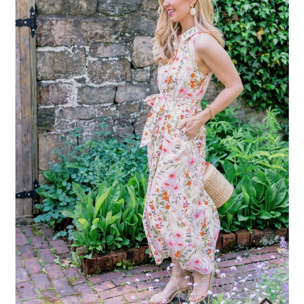 Spartina 449 Emeline dress Floral Maxi Dress collared Cream Pink Orange cotton - Picture 2 of 10